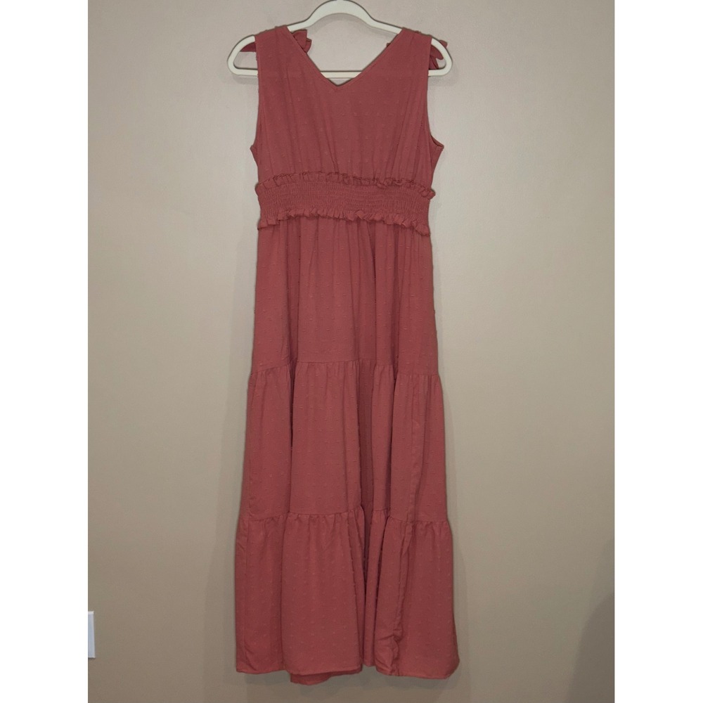 Pink Orange Swiss Dot Maxi Dress Large Boho Tiered Tie Shoulder Smocked - Picture 4 of 5